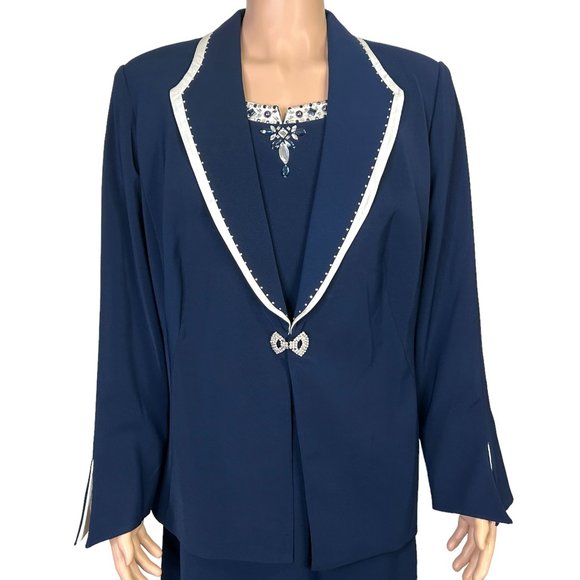 Beu Marc Womens 22 Navy Blue 2 Piece Skirt Suit Rhinestone Beaded Blazer Jacket‎ - Picture 2 of 15